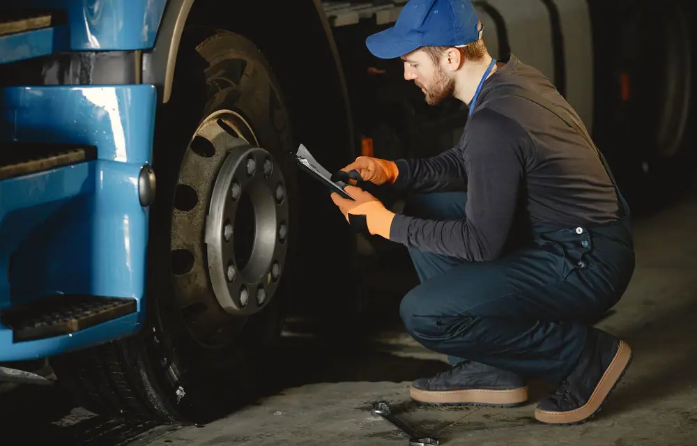 A technician crouched at the wheel arch of a truck, recording details against the actual unit